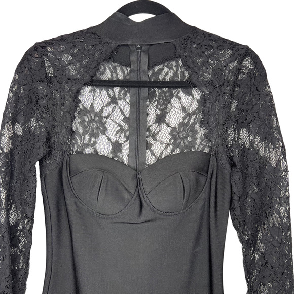 NEW DESIGNER BLACK LACE LONG SLEEVE CLASSIC BANDAGE DRESS SWEETHEART NECK SIZE L - Picture 6 of 16